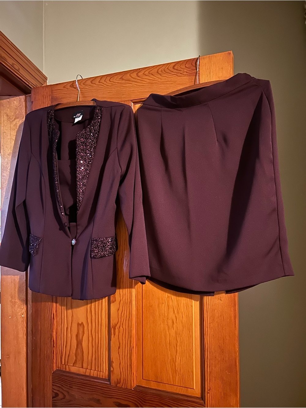Two-Piece Plum Skirt Suit with Embellished Trim